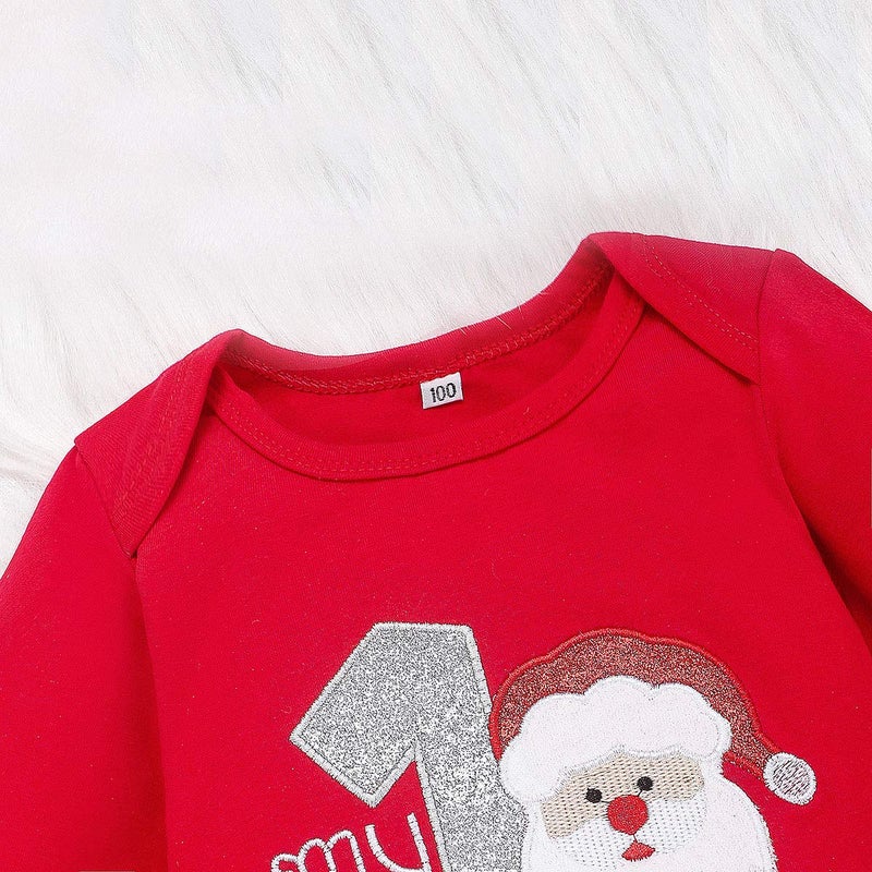 Arleysh Christmas Outfits Baby Boys Girls My 1st Christmas Santa Claus Rompers Bodysuit Pants with Christmas Hat 3 Pcs (0-3 Months, Red) - Image 4